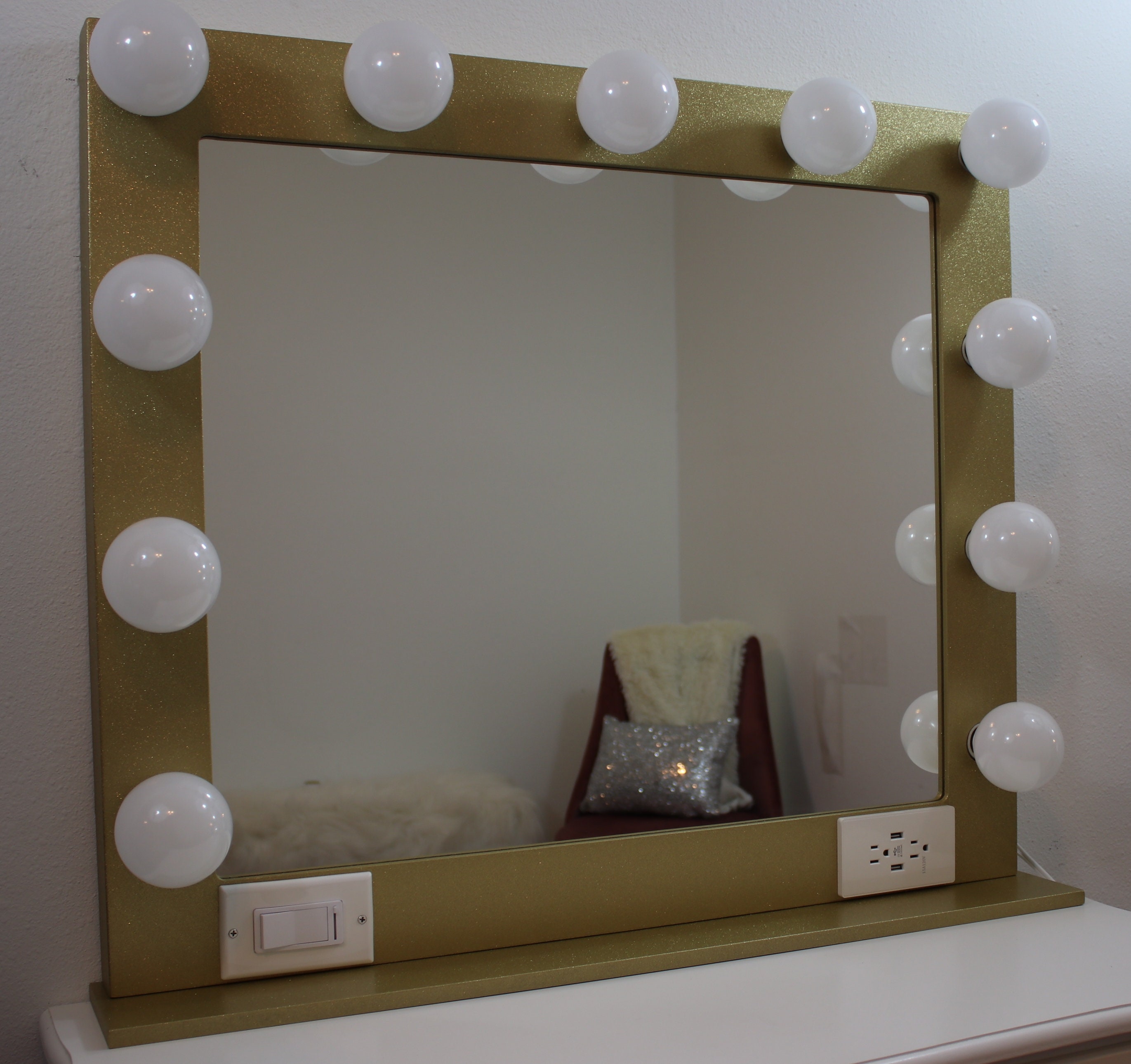 Gold glitter vanity mirror with lights 32 x 28 Made in the USA