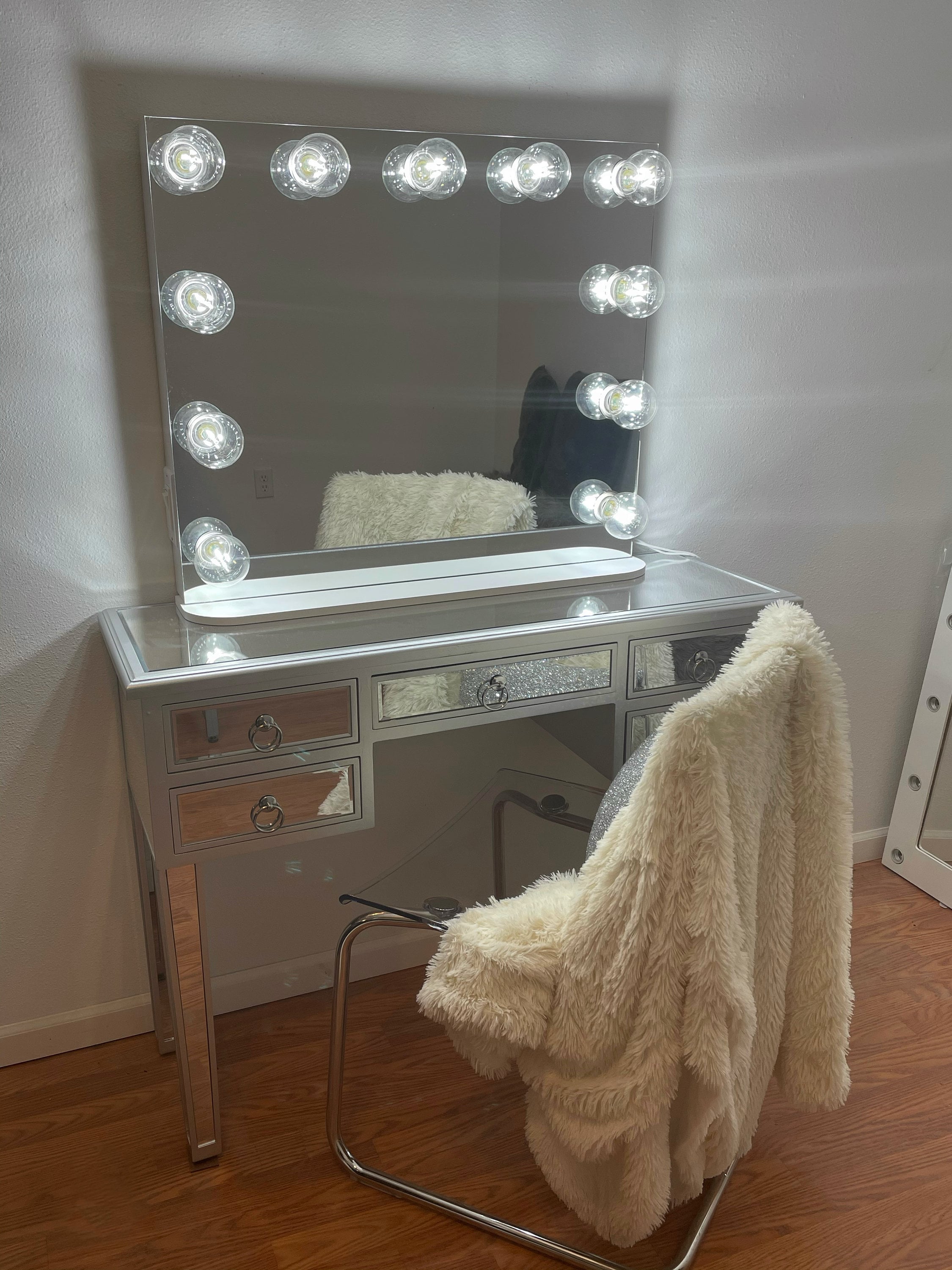 Frameless vanity mirror with lights and desk 31 x 27 Made in the USA