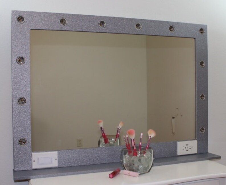 Silver Glitter Vanity Mirror With Lights 40 X 28 Made in the Etsy