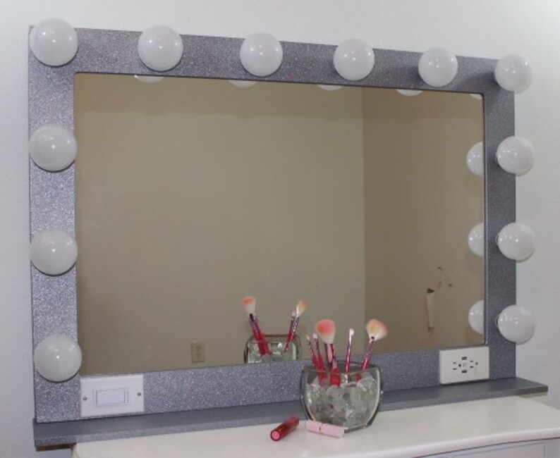Silver Glitter Vanity Mirror With Lights 40 X 28 Made in the Etsy