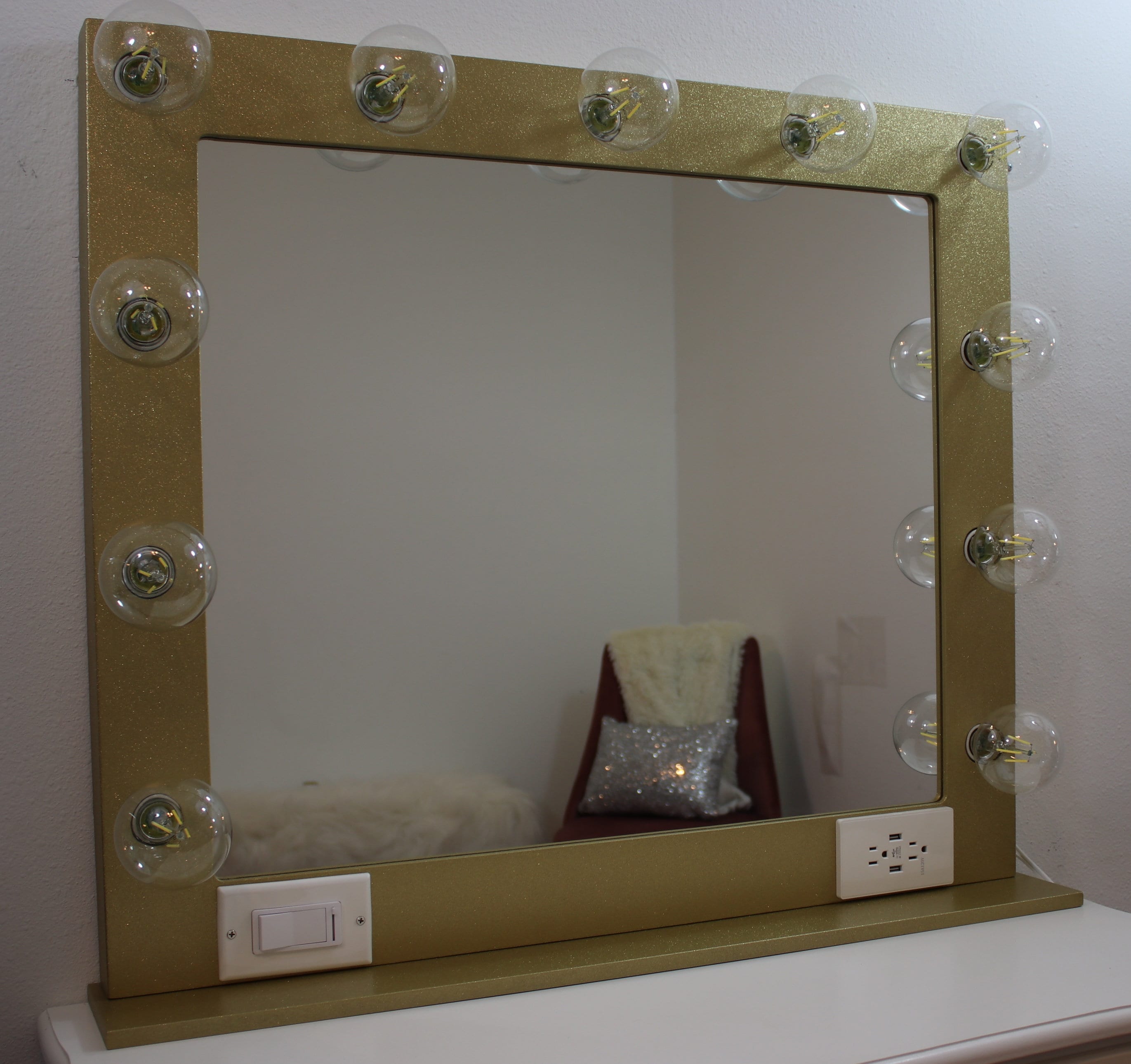 Gold glitter vanity mirror with lights 32 x 28 Made in the USA