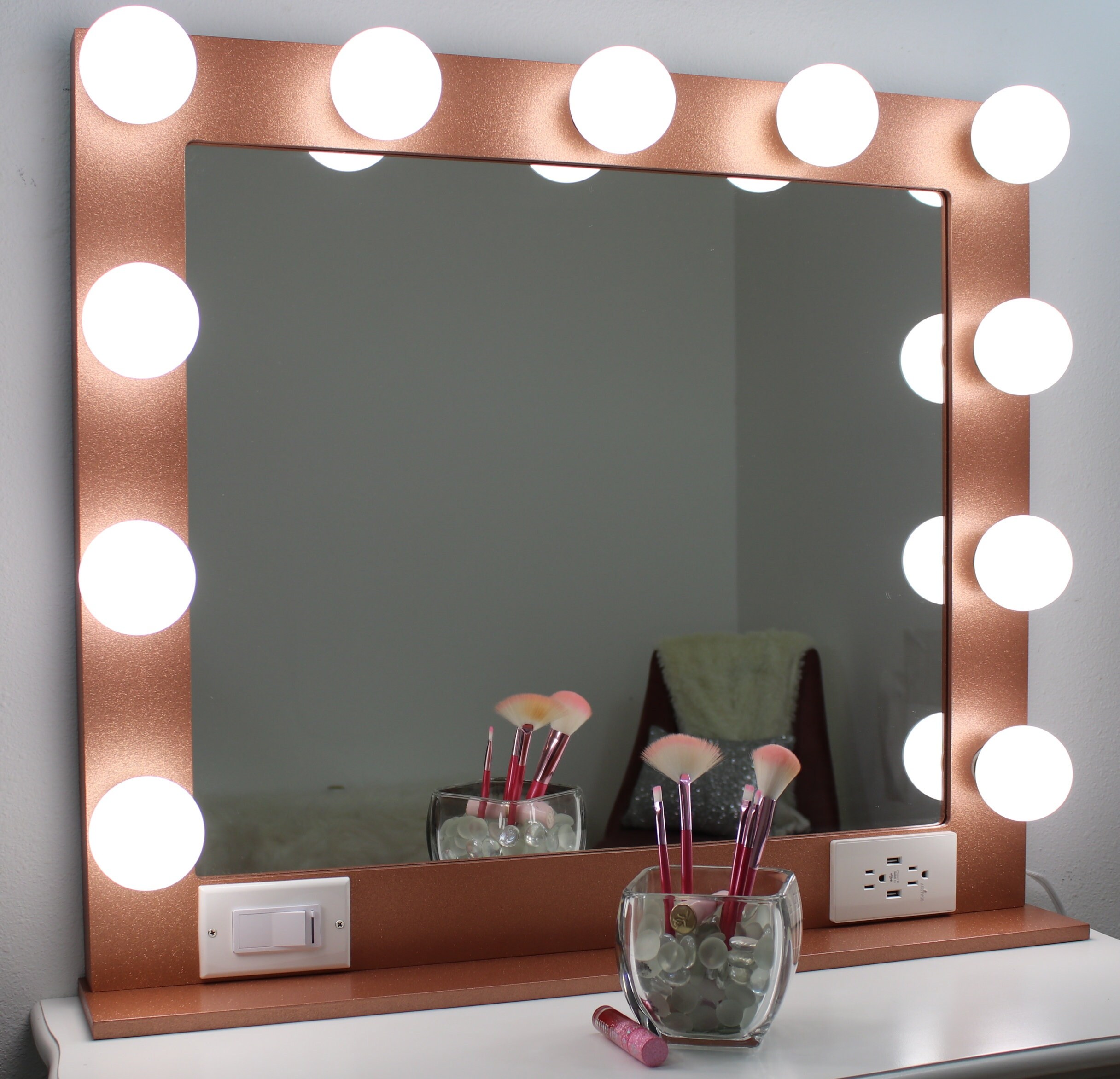 Rose gold glitter vanity mirror with lights 32 x 28 Made in the USA