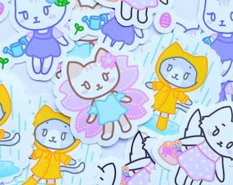 Pacchetto di adesivi Kawaii Spring Cat – Pasqua floreale, impermeabile, gattini da giardinaggio