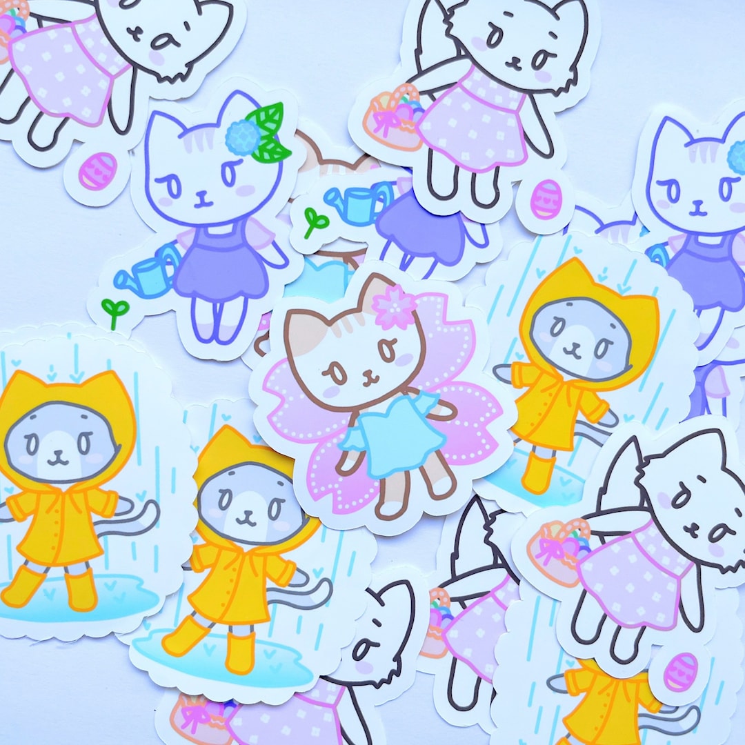 Kitty Spring Sticker Kawaii Spring Cat Sticker Pack – Floral Easter, Raincoat, Gardening ...