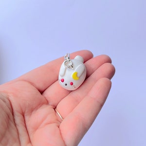 May include: White bunny charm with a yellow crescent moon on its ear and red eyes. The charm is attached to a silver chain.