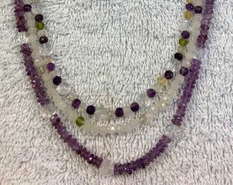 3 Strand Angel's Necklace with Amethyst, Peridot, Quartz Crystals and Snow Quartz