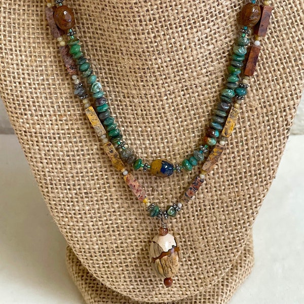 Desert Opal 2 strand necklace with Green Opal, Crazy Lace Agate, Leopard Skin Jasper and Picture Jasper with a Sterling Silver toggle clasp