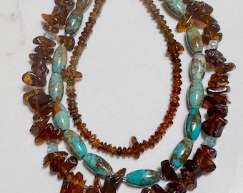 Santa Fe Mood, 3 strand green amber Tourmaline, Apatite flat rounds, Turquoise barrels and 1 Picture Jasper. Silver filled brass clasp