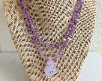Amethyst Duo; 2 Strand Necklace of Faceted Amethyst, Delica Glass spacer beads, Purple opalized glass and a silver filled toggle clasp