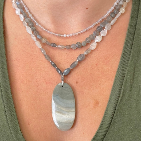 Monsoon, 3 strand necklace with faceted Labradorite and Moonstone, White Agate round beads, an Ocean Jasper drop and Sterling Silver clasp