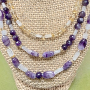 Amethyst, Banded Amethyst, Citrine and Rainbow Moonstone 3 Strand necklace with Sterling SIlver hook and eye clasp. Pam&#39;s Irises