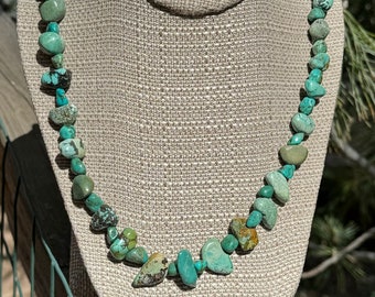 Nuggets, Turquoise nugget necklace in blues and greens with a Silver filled Brass Toggle clasp. 22 1/2 inches long. December's birthstone.