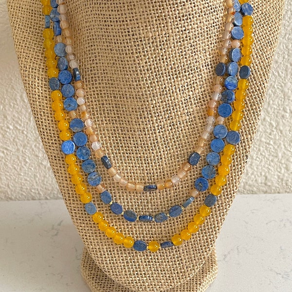 Sunny Sky, 3 Strand Necklace of Agate 4mm rounds, Delica Glass Spacer beads, Lapis Lazuli, Yellow Jade and Gold filled slide and lock clasp