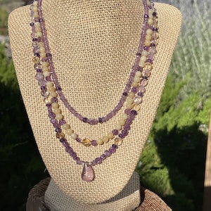 Amethyst, Ametrine, Round Yellow Opals, Delica Glass Spacers and Silver tone flower clasp. Purple and Yellow Pansies, 3 Strand necklace