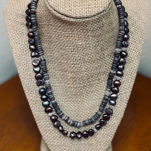 Gray Oyster Shell, Gray Potato Pearls, Quartz Crystal and a Silver filled clasp makes up  Night Beach, 2 Strand Maui Fundraiser necklace.