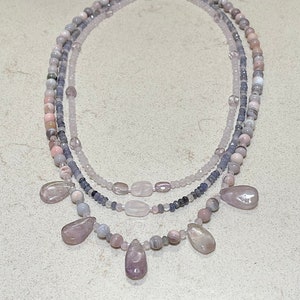 Heal Your Heart 3 Strand Necklace of Lavender Amethyst, Pink Botswana Agate, Rose Quartz, Sterling Silver toggle clasp and Faceted Tanzanite
