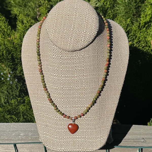 Red Jasper heart with Unakite, silver filled toggle clasp. 17 1/2". Red Jasper can reduce stress. Unakite can improve unconitional self-love