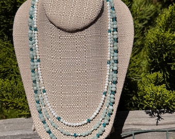 Summer Sky 3 strand 22 inch necklace with matching 1 strand  7" bracelet. Aquamarine, Blue Apatite, Magnesite, Shell & Silver filled clasps