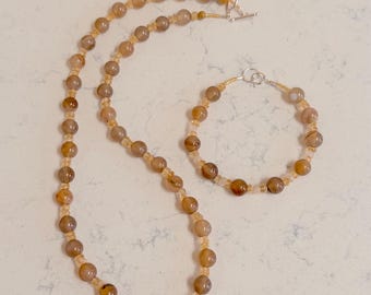 Banded Agate, Citrine & Golden Quartz 20 inch long necklace with matching 7 1/4 inch bracelet. Priced separately!