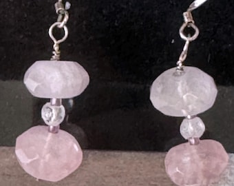 Faceted Rose Quartz 3 stone dangle earrings. Sterling Silver ear wires. 1 1/2 inches long. Heals the emotional heart. Stones of Love,