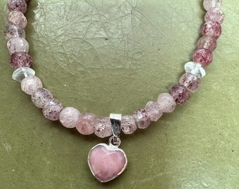 Pink Heart. Andean Pink Opal Heart pendant on Aqua Goshenite discs and Strawberry Quartz faceted rondelles. Sterling toggle clasp. 18 3/4".