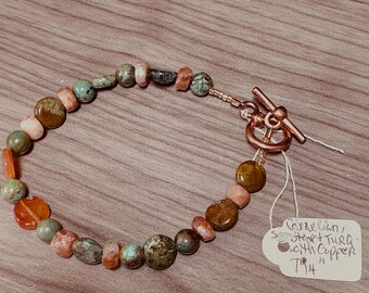 Carnelian, Sunstone & Turquoise 7 1/4 inch bracelet. Copper toggle clasp. Orange and green bracelet. December's birthstone. Unisex bracelet.