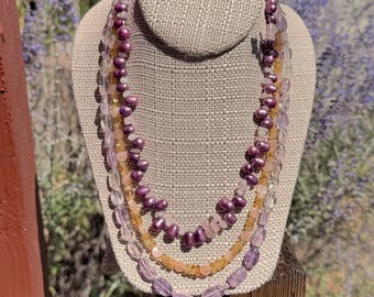 MultiColor Sunset. Amethyst ovals, Citrine faceted rondelles, Cultured Mauve Pearls, Peach Moonstone discs, Rose Quartz. Silver filled clasp