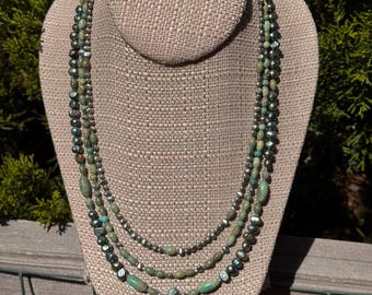 Kale Salad, 3 strand Iris Green & Sea Mist Cultured Pearls,Turquoise with  Gold Filled Slide and Lock clasp. June and December's birthstones