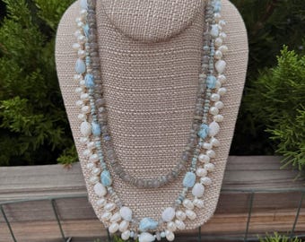 Monsoon's Edge. 3 Strand Gray Chalcedony, Labradorite, Larimar and Cultured White Potato Pearls. Silver filled slide and lock clasp. 22 inch