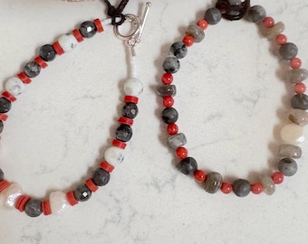 North Carolina Hurricanes Team Colors gemstone bracelets. African Red Trade Beads, Cultured Pearls, Labradorite, Marble, Red Coral. 2 styles