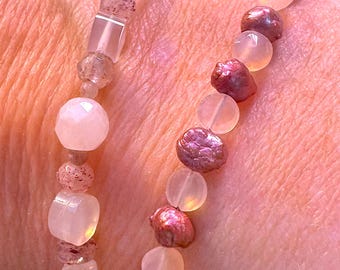 Pink gemstone bracelets. Pink Chaldedony and Pink Pearls 7" or Pink Pearls, Rose Quartz and Strawberry Quartz 7 1/2". Silver filled toggles.