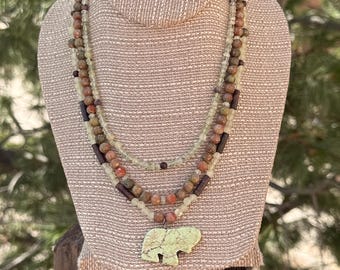 Tatanka. Green Turquoise Buffalo pendant. Prehnite, New Jade, Autumn Jasper and Poppy Jasper with Sterling Silver toggle clasp. 18 3/4" long