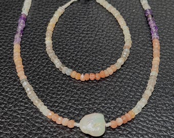 Beach Sunset 1 strand 18" necklace & matching 7 1/4" bracelet.  Multi colored faceted Moonstone and a Blister Pearl. Sterling Silver Clasps.