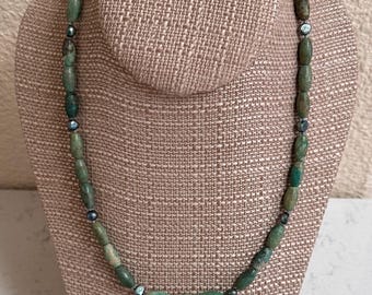 Weeds, 1 strand Cultured Iris Green Fresh Water Pearls and Turquoise. 18 1/2 inches long with Delica Glass spacer beads & Gold Filled clasp
