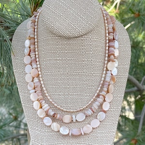 Cultured Pink Pearl & Pink Mother of Pearl necklace with Sterling Silver clasp. Fundraiser for Maui. Mermaid 3 strand. Short strand is 17 &quot;