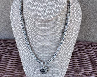 Dalmatian Jasper with matching Heart Pendant. 17 1/2 inches long. Pewter Heart Toggle clasp. Black and beige necklace. Heart necklace.