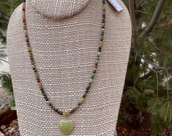Fancy Jasper and Peridot with Green Heart pendant. 17 1/4inches. Sterling Silver Spring ring clasp