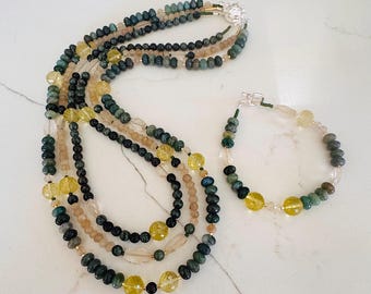 Dandelion 3 strand necklace and matching bracelet. Rutilated, clear and Lemon Quartz, Kambaba Jasper, Moss Agate and silver filled clasps,