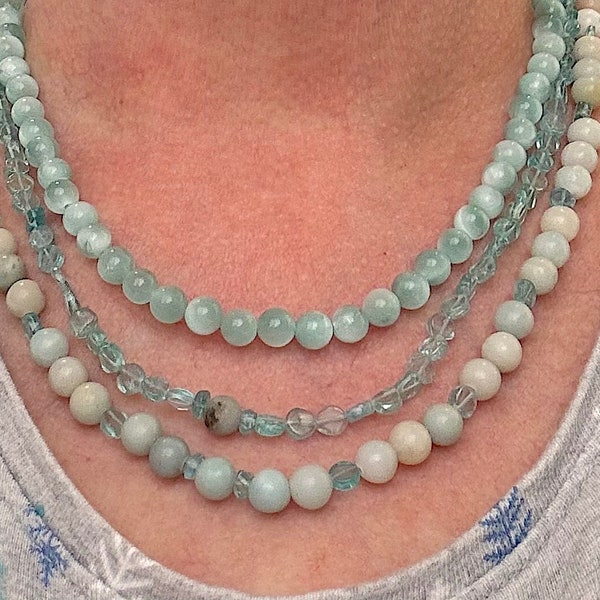 Mother's Day! Blue Pool 3 strand necklace with Apatite, Aqua green Angelite, Flower Amazonite and a Silver filled clasp. Short strand is 17"