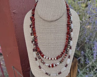 Early Autumn. 3 strand Dream Jasper, Grey Quartz, Red Agate, Red Jasper and Shell necklace with Silver plated brass slide and lock clasp 21"