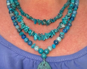 Turquoise Trail, 3 strand Turquoise and Chrysocolla necklace with a Sterling Silver slide lock clasp. December's birthstone. FREE SHIPPING