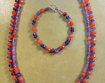 Tiny Pansies, 2 strand Amethyst and Carnelian necklace with single strand bracelet that can be a necklace extender! Silver toggle clasps