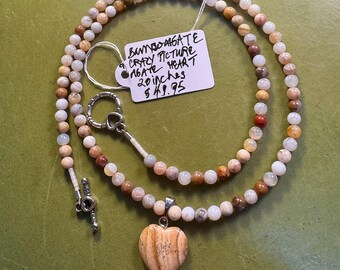 Bamboo Agate and Picture Jasper Heart 20 inch long necklace with Pewter toggle clasp. Earth tones