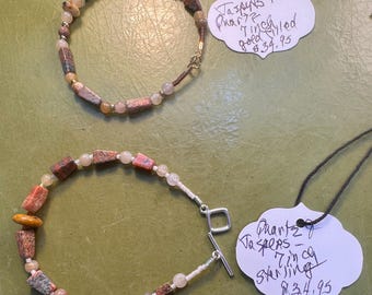 Jasper and Quartz beaded 7 inch bracelets, either Gold filled spring ring or Sterling Silver toggle clasp. Specify Gold or Silver!