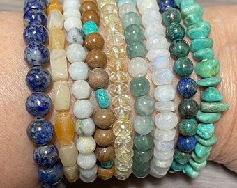 Pulseras de energía otoñal: citrino, crisocola, aventurina verde, jaspe, lapislázuli, piedra lunar arcoíris, mármol musgoso, turquesa o calcita amarilla.