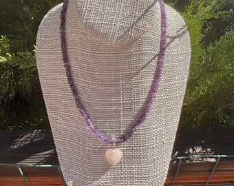 Amethyst and Rose Quartz Heart necklace. Toggle clasp. 17 inches. February's birthstone.