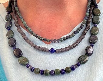 Sea Side, 3 strand Statement Necklace of Chrysocolla, Iolite and Lapis with Sterling Silver fancy toggle clasp. 21 inches long