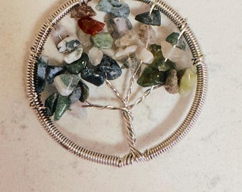 Tree of Life, 3 strand necklace of Agate, Green Beryl, Moss Agate, Quartz Crystal facets with a Silver Filled Fancy Jasper Tree of Life drop