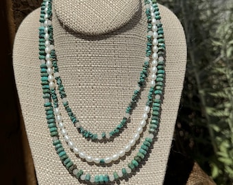 Cultured Pearls, Grey Moonstone and Turquoise 3 strand necklace called Fancy Cowgirl. Short strand is 16 1/2 inches. Sterling toggle clasp.