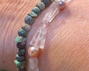 May 2026 Energy/Friendship bracelets. Chrysocolla and Turquoise or Pink Pearls, Rhodonite, Rose and Strawberry Quartz. Strung on elastic